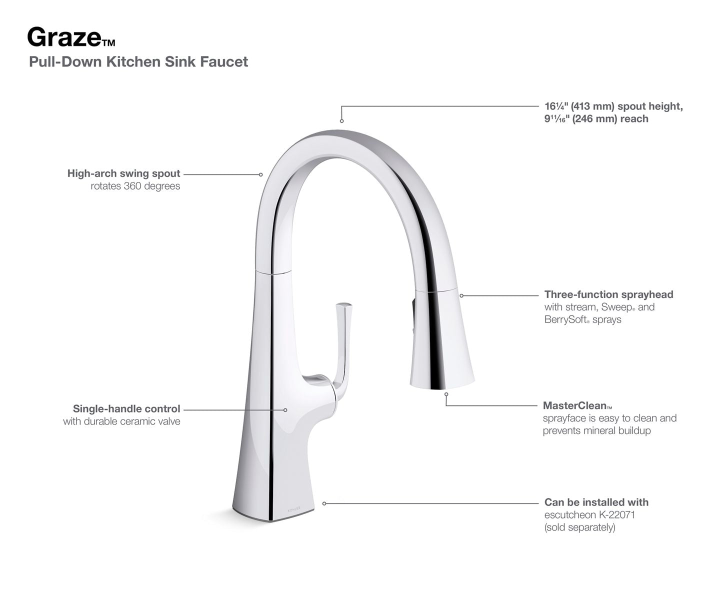 KOHLER K-22063-BL Graze Pull-Down Kitchen Sink Faucet With Three-Function Sprayhead - Matte Black