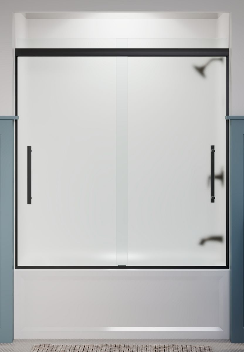 KOHLER K-707602-8D3-BL Pleat Frameless Sliding Bath Door, 63-9/16" H X 54-5/8 - 59-5/8" W, With 5/16" Thick Frosted Glass In Matte Black