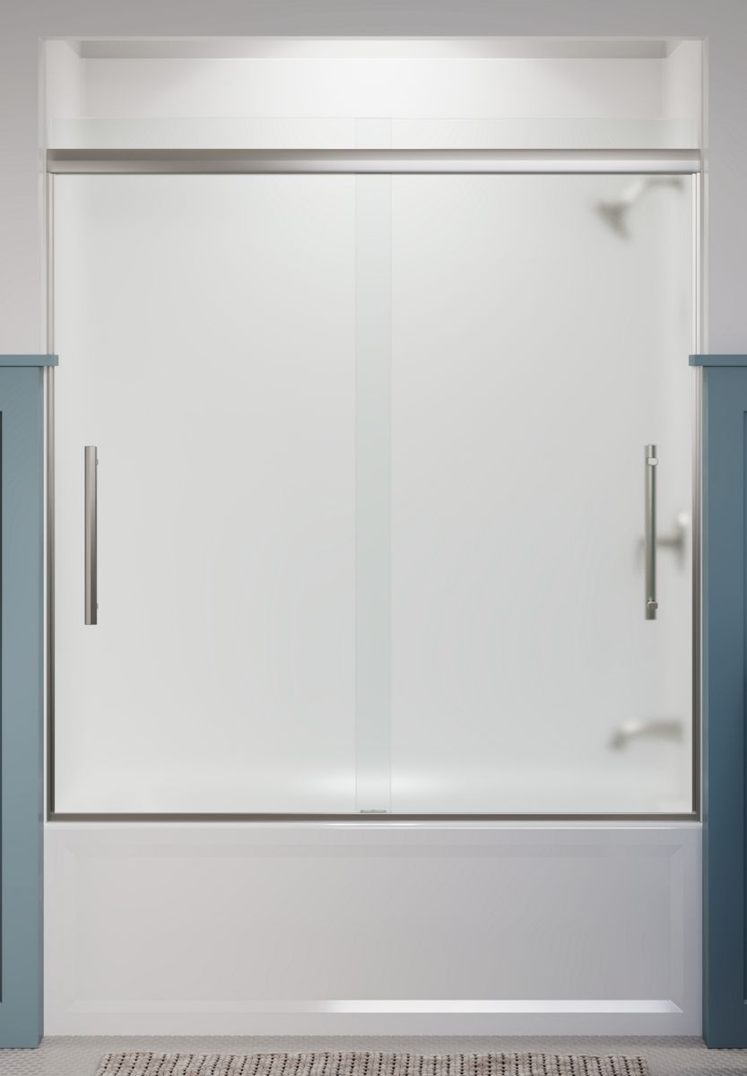 KOHLER K-707602-8D3-BNK Pleat Frameless Sliding Bath Door, 63-9/16" H X 54-5/8 - 59-5/8" W, With 5/16" Thick Frosted Glass In Anodized Brushed Nickel