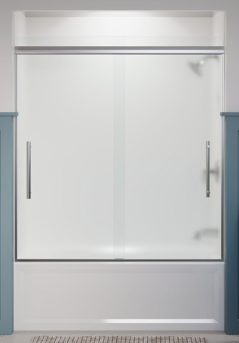 KOHLER K-707602-8D3-SHP Pleat Frameless Sliding Bath Door, 63-9/16" H X 54-5/8 - 59-5/8" W, With 5/16" Thick Frosted Glass In Bright Polished Silver