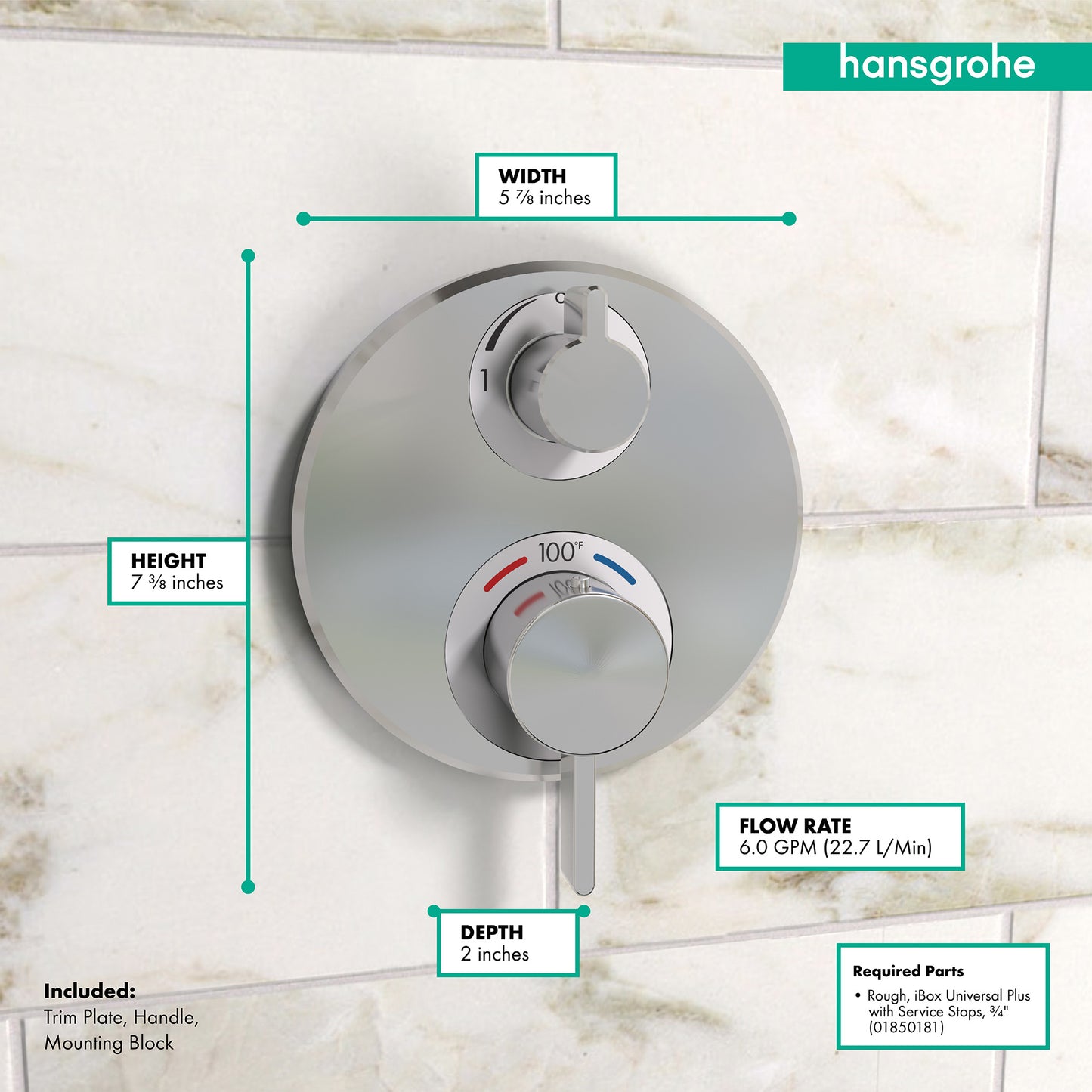 HANSGROHE 15758001 Ecostat S Thermostatic Trim with Volume Control and Diverter - Chrome