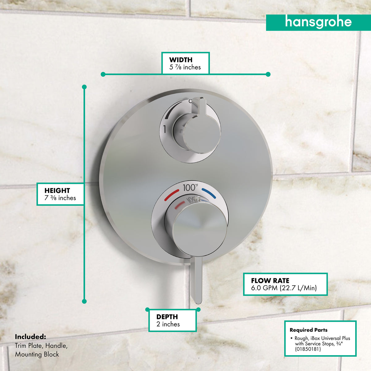 HANSGROHE 15758001 Ecostat S Thermostatic Trim with Volume Control and Diverter - Chrome