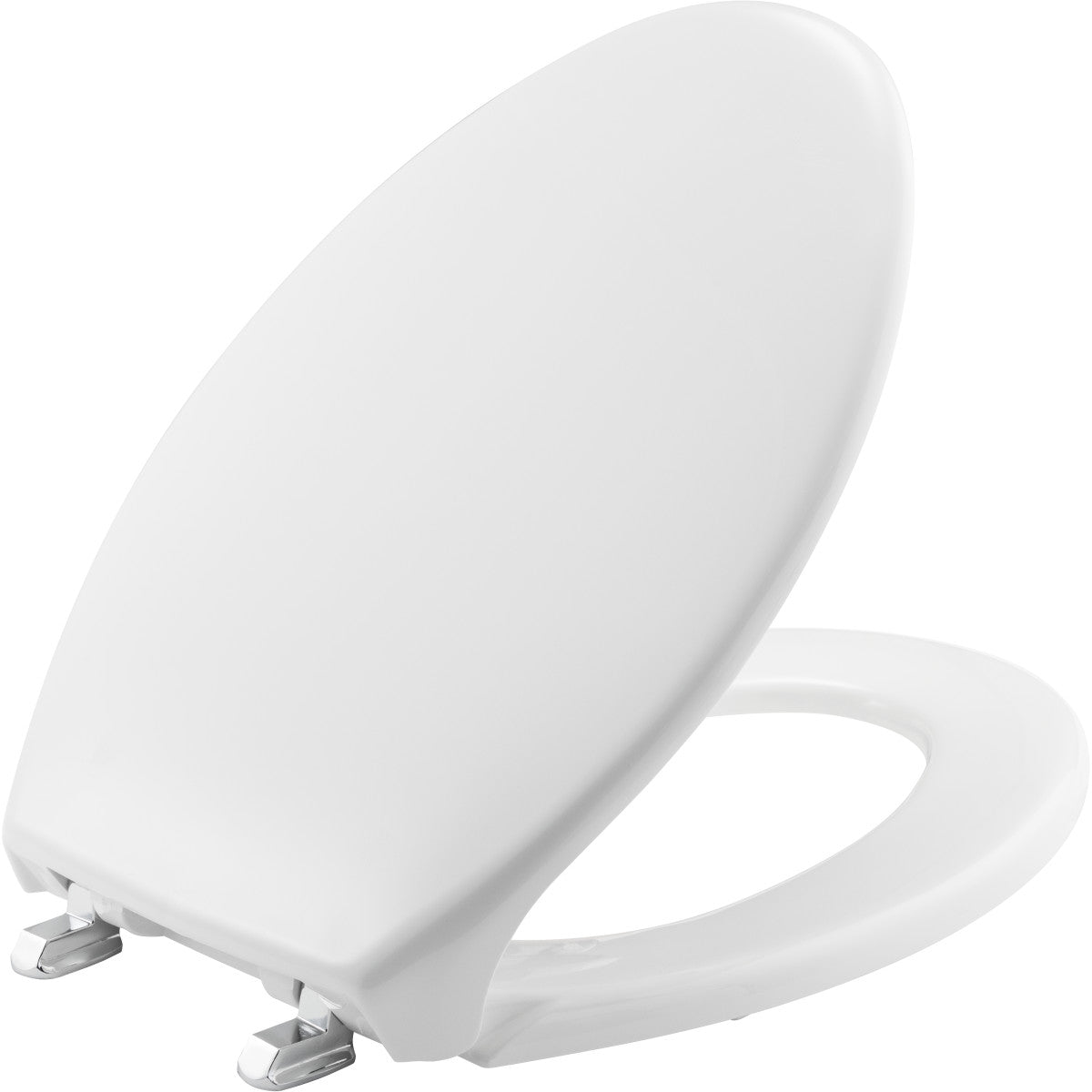 Bemis Elongated Commercial Plastic Toilet Seat in White with Self-Sustaining Stainless Steel Hinge