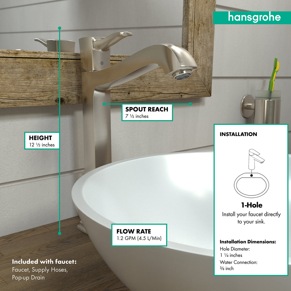 HANSGROHE 31303821 Metropol Classic Single-Hole Faucet 260 with Pop-Up Drain, 1.2 GPM - Brushed Nickel