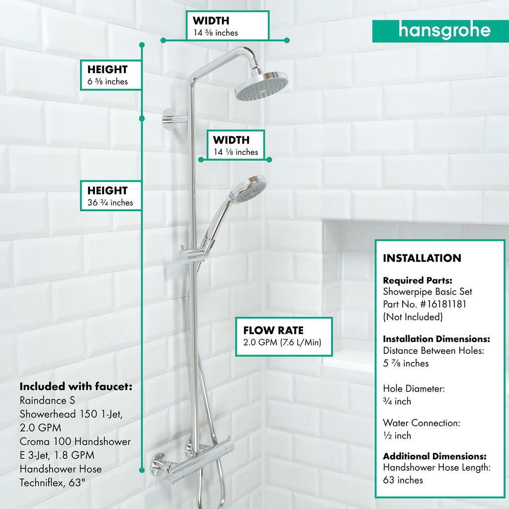 HANSGROHE 27169001 Croma Showerpipe 150 1-Jet, 2.0 GPM - Chrome