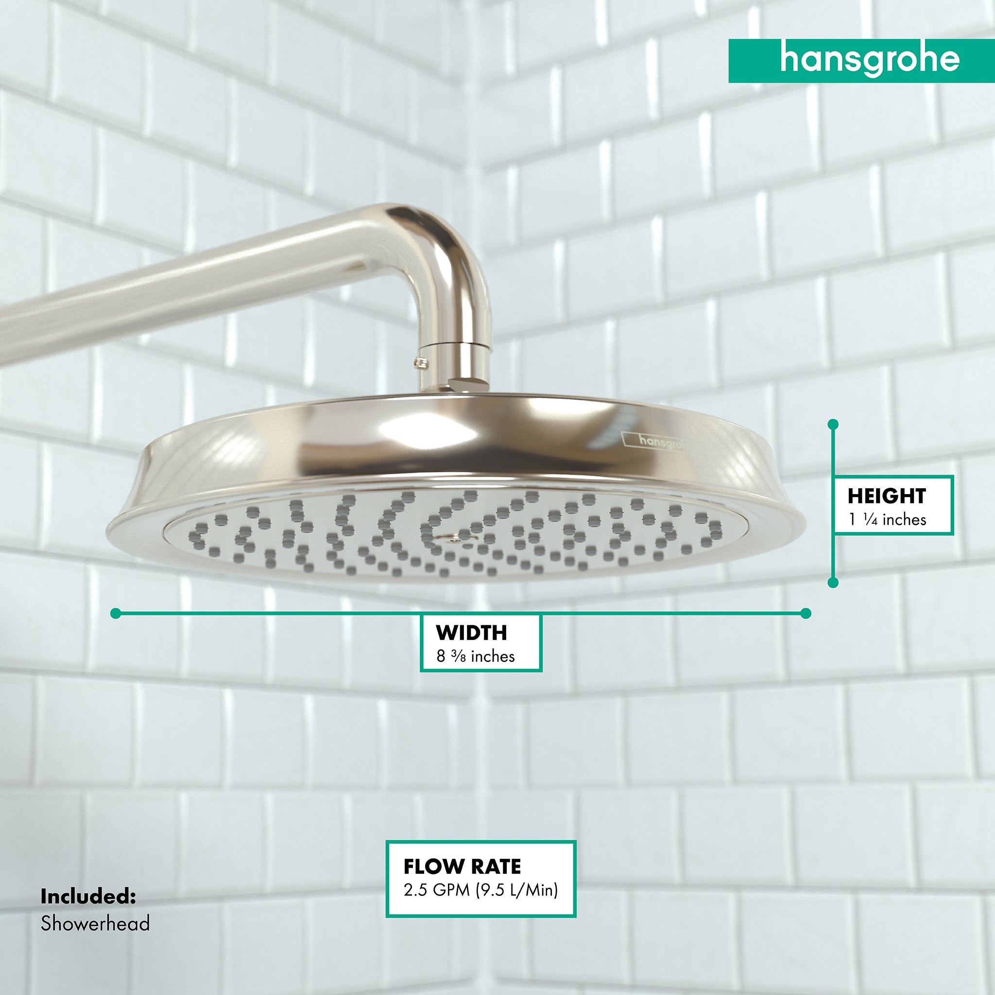 HANSGROHE 28421831 Raindance Classic Showerhead 180 1-Jet, 2.5 GPM - Polished Nickel