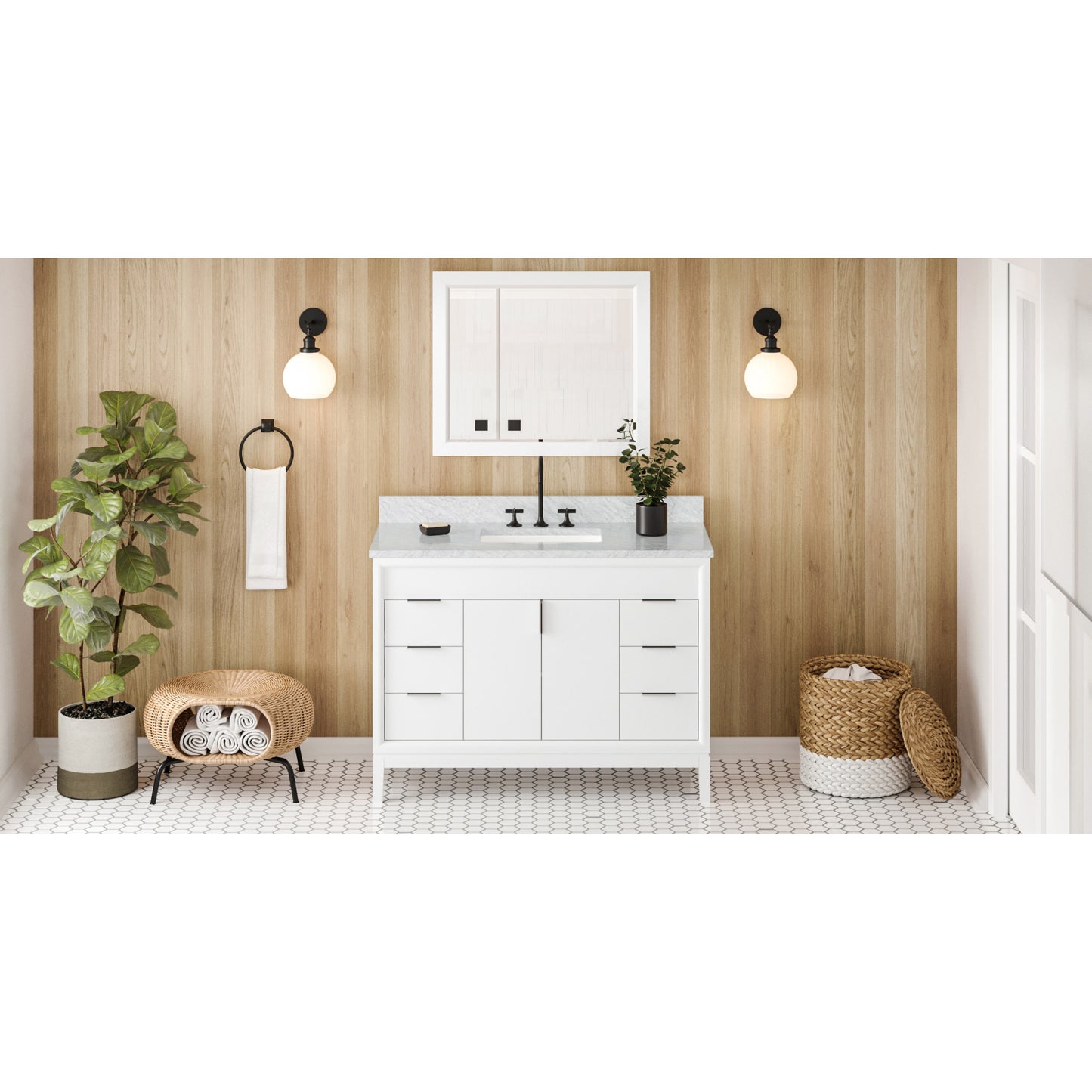 JEFFREY ALEXANDER VKITTHE48WHWCR 48" White Theodora Vanity, White Carrara Marble Vanity Top, undermount rectangle bowl , White