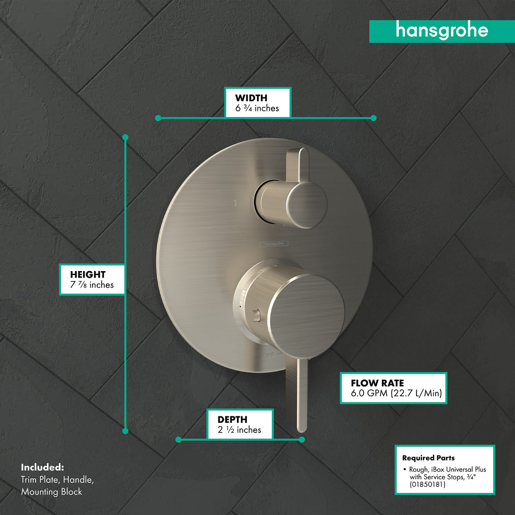 HANSGROHE 04230820 Ecostat Thermostatic Trim S with Volume Control - Brushed Nickel