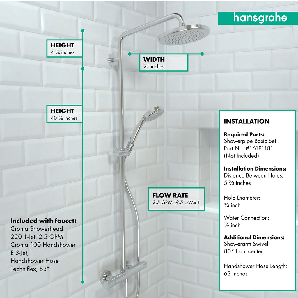 HANSGROHE 27185001 Croma Showerpipe 220 1-Jet, 2.5 GPM - Chrome