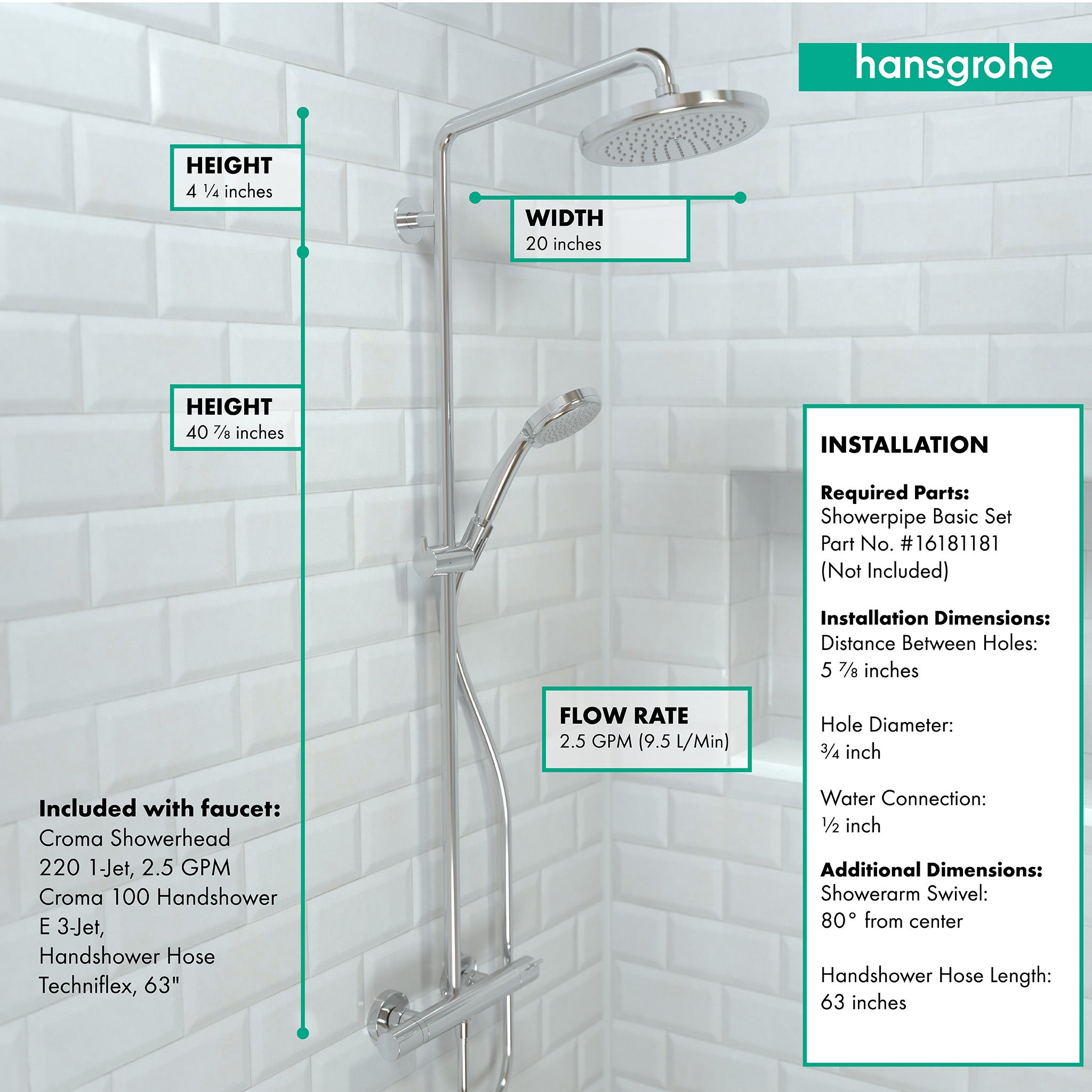 HANSGROHE 27185001 Croma Showerpipe 220 1-Jet, 2.5 GPM - Chrome