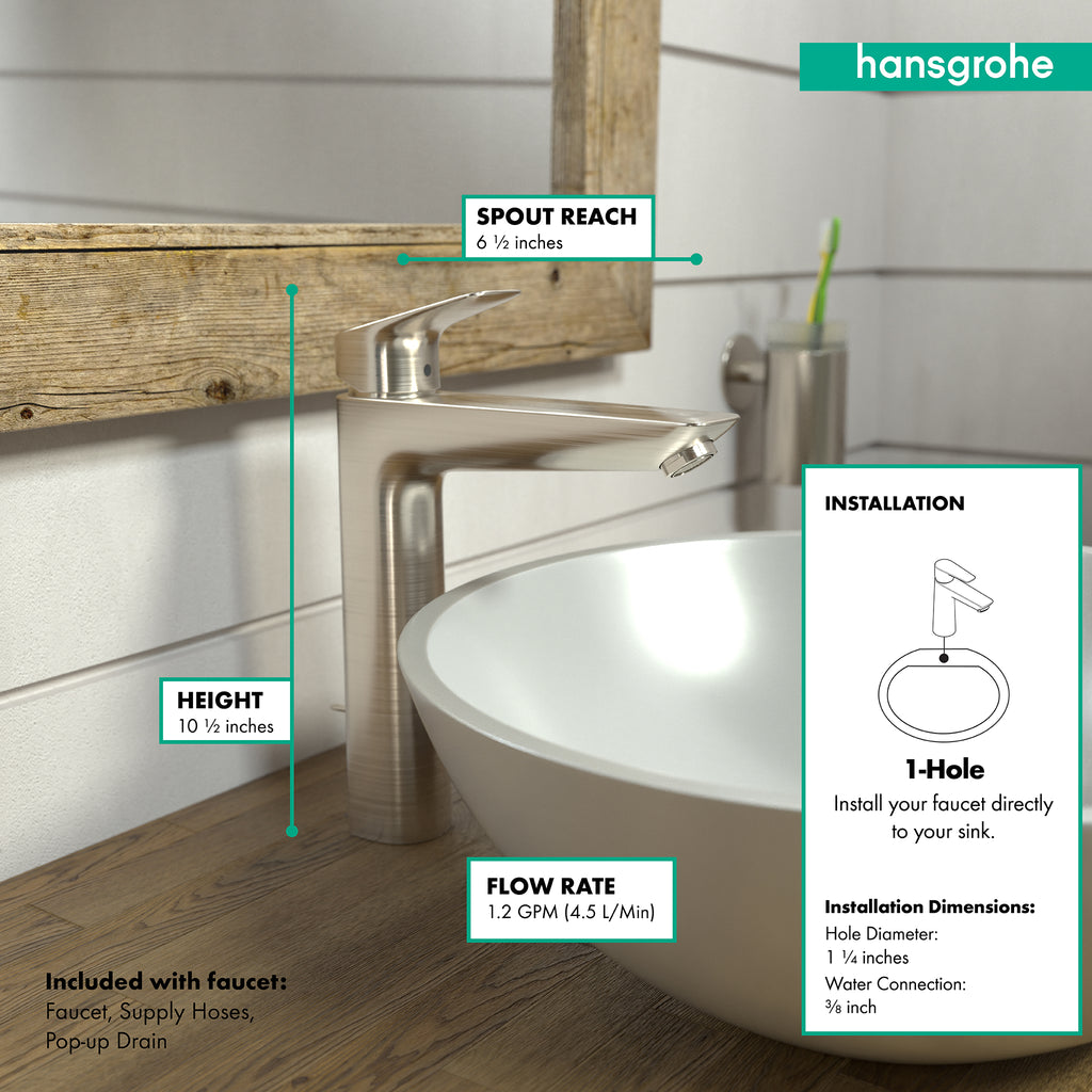 HANSGROHE 71090821 Logis Single-Hole Faucet 190 with Pop-Up Drain, 1.2 GPM - Brushed Nickel