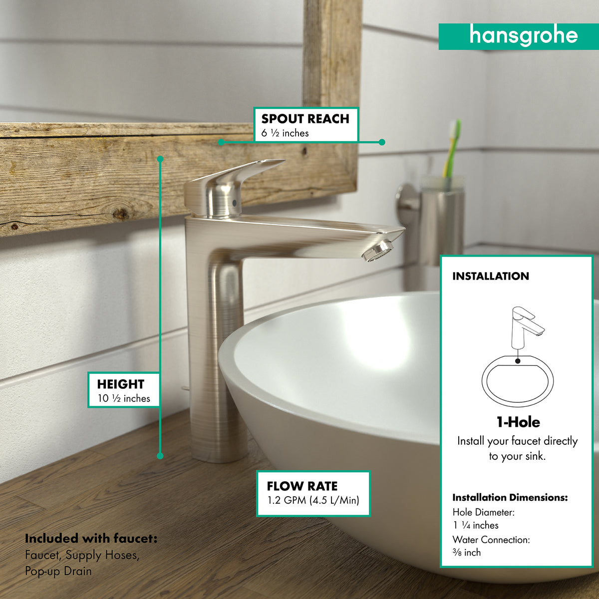 HANSGROHE 71090821 Logis Single-Hole Faucet 190 with Pop-Up Drain, 1.2 GPM - Brushed Nickel