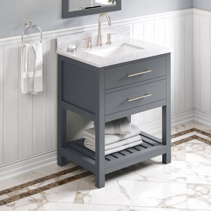 JEFFREY ALEXANDER VKITWAV30GRWCR 30" Grey Wavecrest Vanity, White Carrara Marble Vanity Top, undermount rectangle bowl - Grey