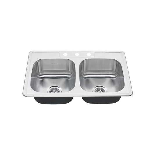 AMERICAN-STANDARD 22DB.6332283S.075, Colony 33 x 22-Inch Stainless Steel 3-Hole Top Mount Double-Bowl ADA Kitchen Sink in Stainless Stl
