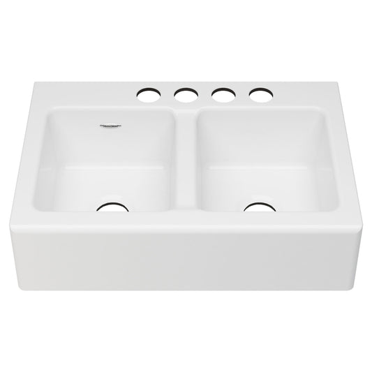 AMERICAN-STANDARD 77DB33220A.308, Delancey 33 x 22-Inch Cast Iron 4-Hole Undermount Double-Bowl Apron Front Kitchen Sink in Brilliant White