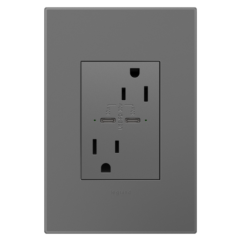 LEGRAND ARTRUSB15PD30M4 ADORNE  15A Tamper-Resistant Ultra-Fast Plus Power Delivery USB Type-C/C Outlet, Plus-Size, Magnesium