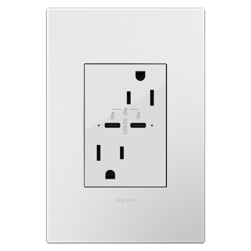 LEGRAND ARTRUSB15PD30W4 ADORNE  15A Tamper-Resistant Ultra-Fast Plus Power Delivery USB Type-C/C Outlet, Plus-Size, White