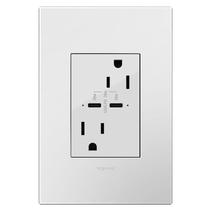 LEGRAND ARTRUSB15PD30W4 ADORNE  15A Tamper-Resistant Ultra-Fast Plus Power Delivery USB Type-C/C Outlet, Plus-Size, White