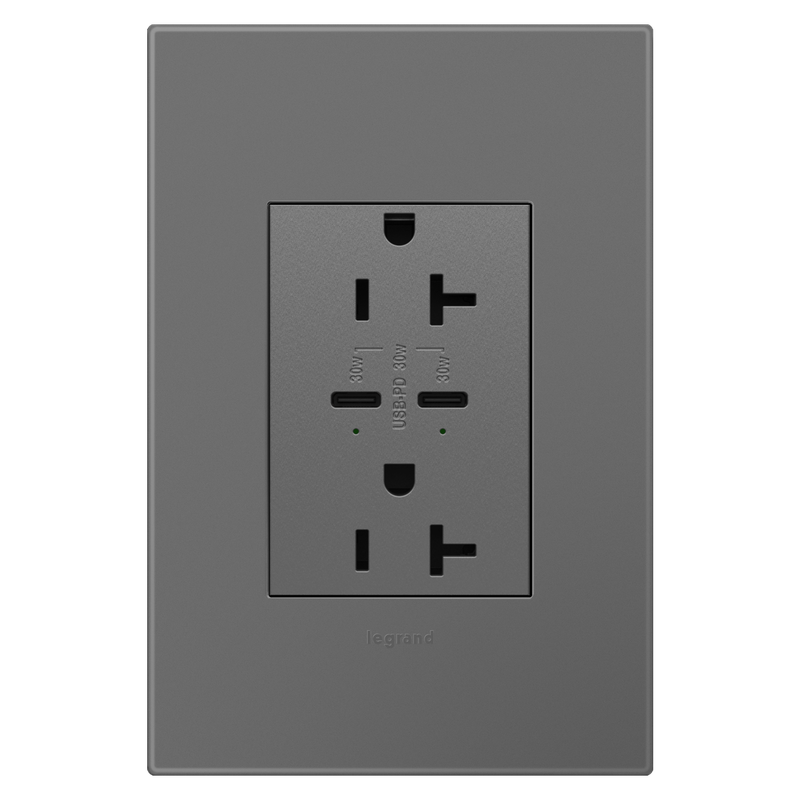 LEGRAND ARTRUSB20PD30M4 ADORNE  20A Tamper-Resistant Ultra-Fast Plus Power Delivery USB Type-C/C Outlet, Plus-Size, Magnesium