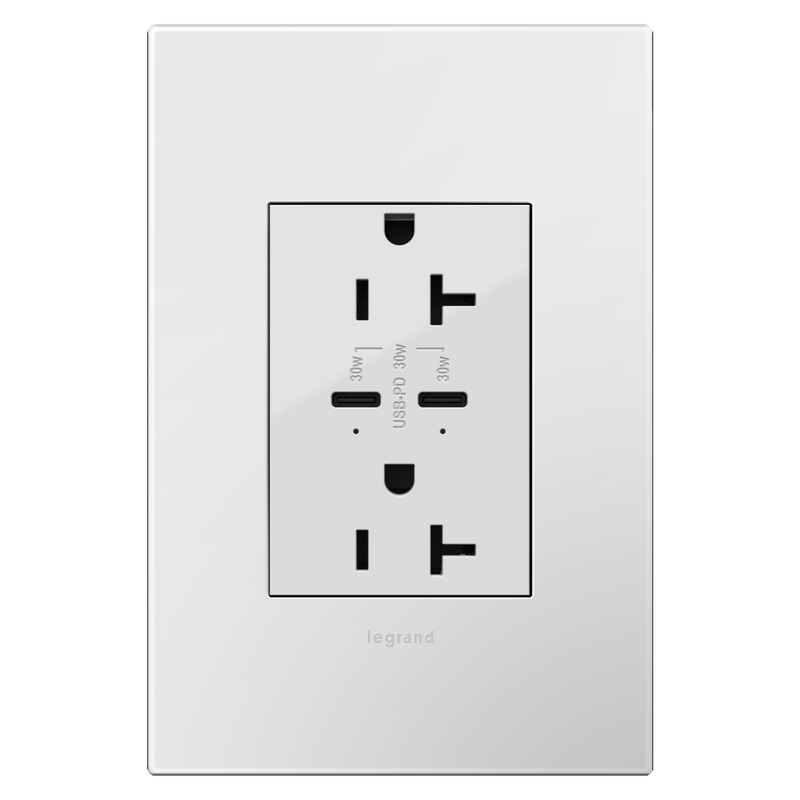 LEGRAND ARTRUSB20PD30W4 ADORNE  20A Tamper-Resistant Ultra-Fast Plus Power Delivery USB Type-C/C Outlet, Plus-Size, White