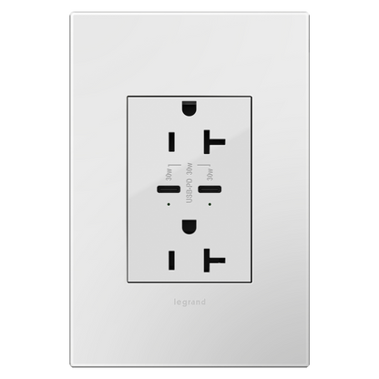 LEGRAND ARTRUSB20PD30W4 ADORNE  20A Tamper-Resistant Ultra-Fast Plus Power Delivery USB Type-C/C Outlet, Plus-Size, White