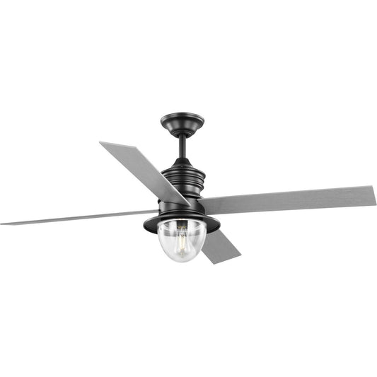 PROGRESS LIGHTING P250075-171-WB Gillen 56" 4-Blade LED Indoor/Outdoor Blistered Iron Vintage Electric Ceiling Fan with Light Kit and Clear Glass Shade in Blistered Iron