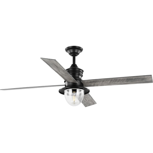 PROGRESS LIGHTING P250075-31M-WB Gillen 56" 4-Blade LED Indoor/Outdoor Matte Black Vintage Electric Ceiling Fan with Light Kit and Clear Glass Shade in Matte Black
