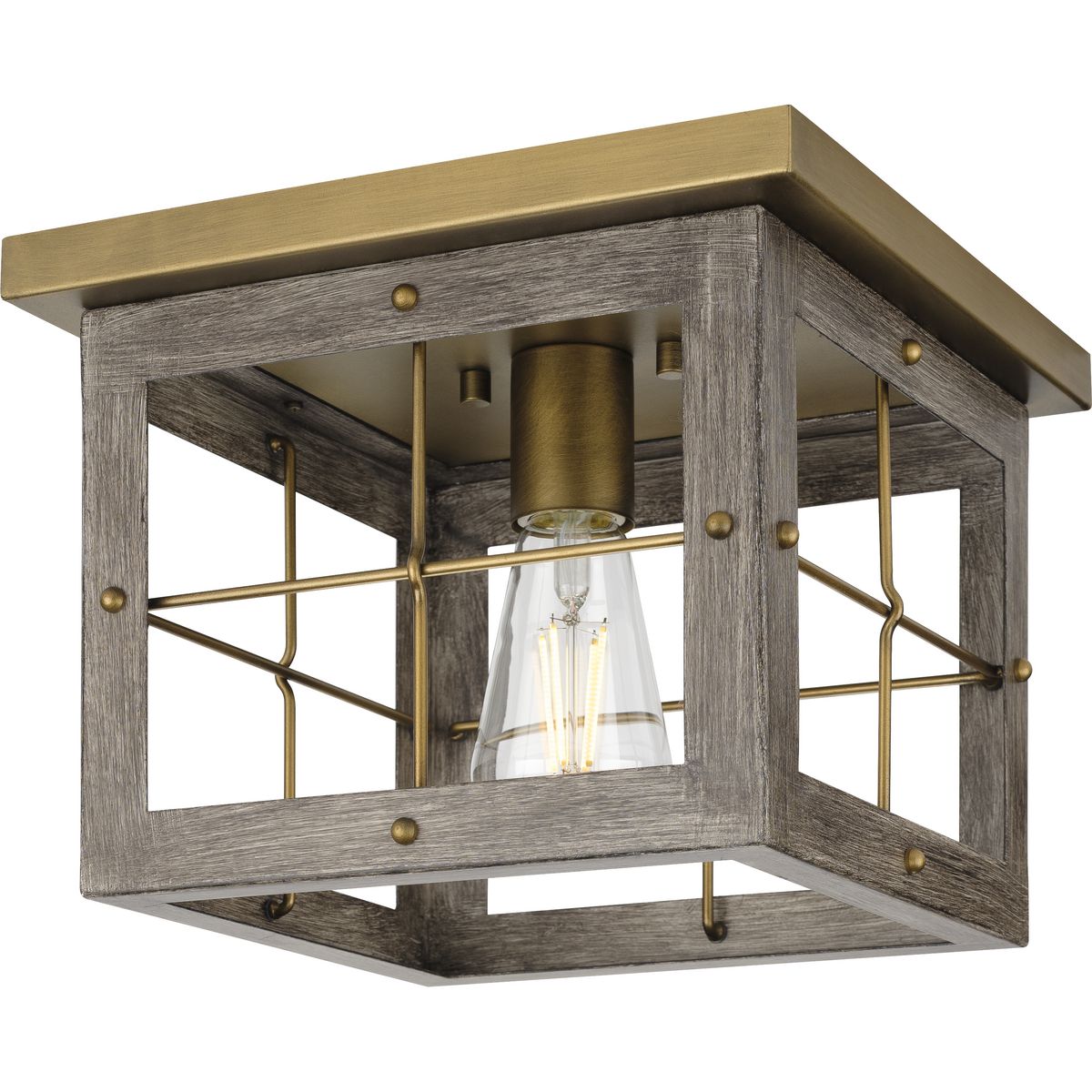 PROGRESS LIGHTING P350197-175 Distressed Brass Hedgerow Collection One-Light Distressed Brass and Aged Oak Farmhouse Style Flush Mount Ceiling Light