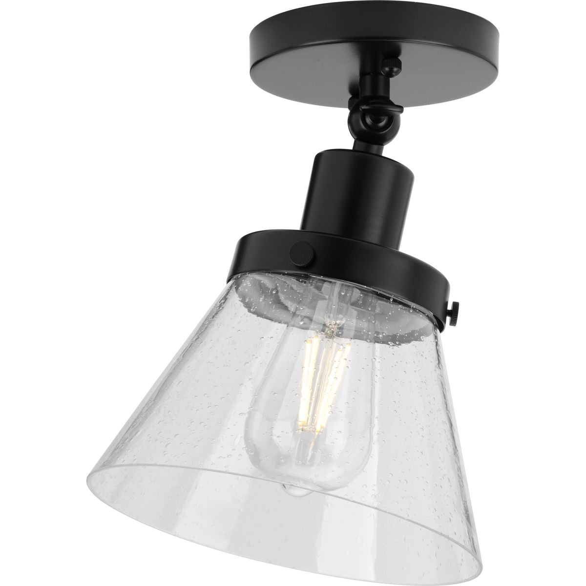 PROGRESS LIGHTING P350198-031 Matte Black Hinton Collection One-Light Matte Black and Seeded Glass Vintage Style Ceiling Light