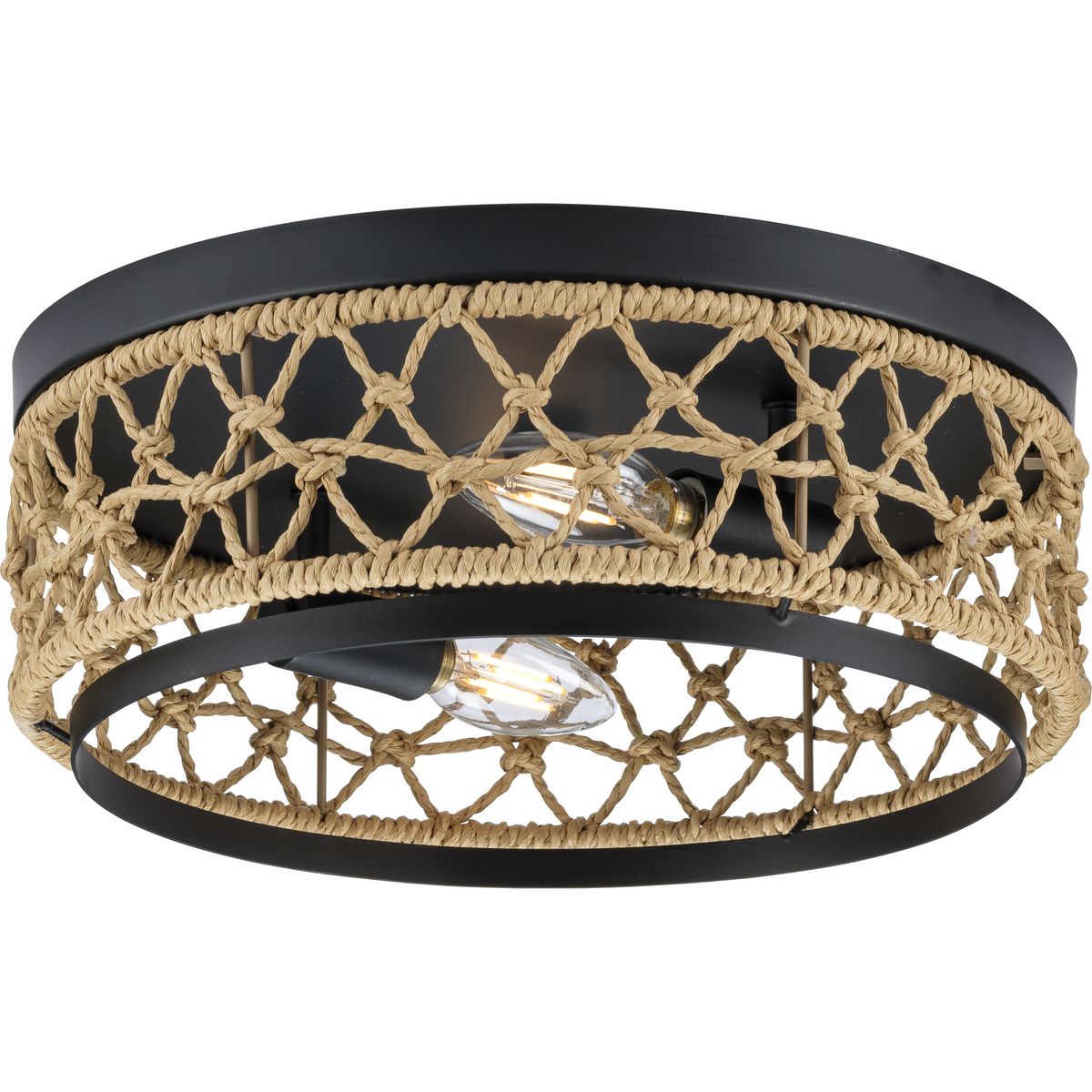 PROGRESS LIGHTING P350242-31M Matte Black Chandra Collection 12 in. Two-Light Matte Black Global Flush Mount with Woven Shade