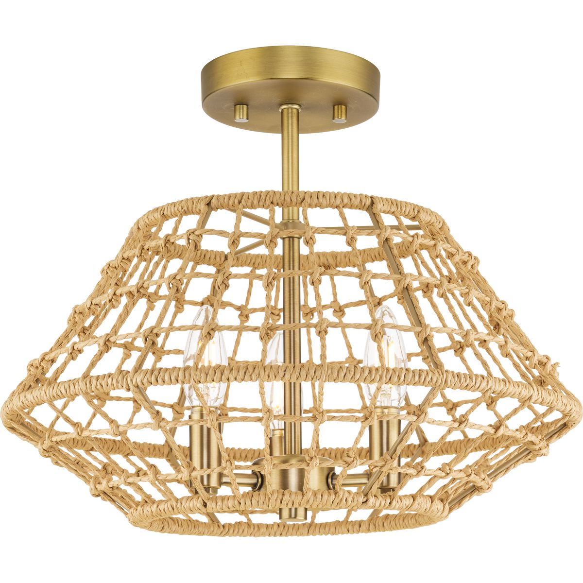 PROGRESS LIGHTING P350246-163 Vintage Brass Laila Collection 16 in. Three-Light Vintage Brass Coastal Semi-Flush Convertible with Woven Jute Accents