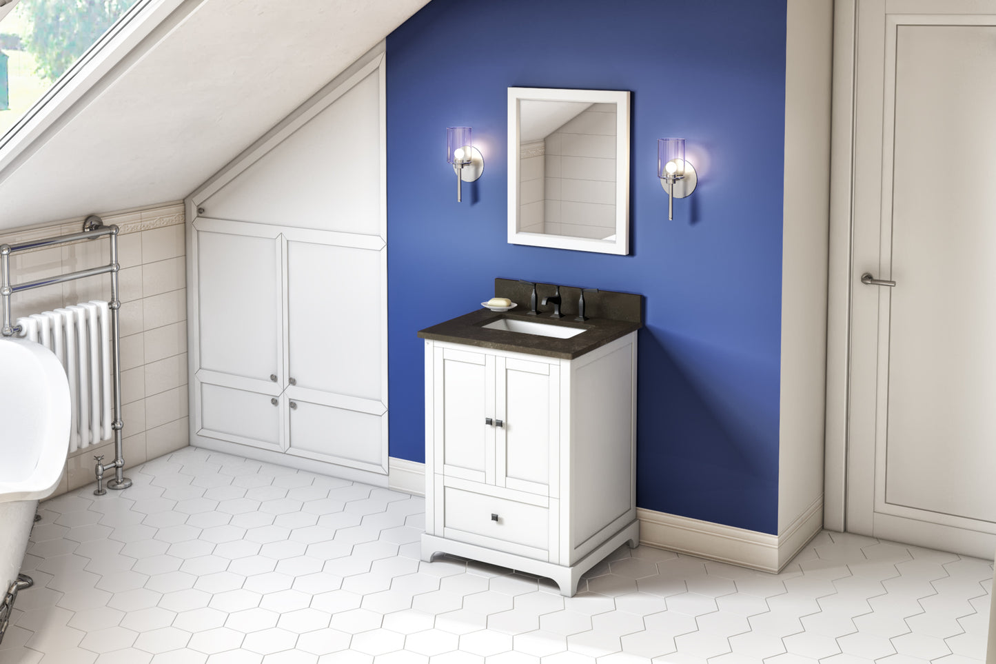 JEFFREY ALEXANDER VKITADD24WHLSR 24" White Addington Vanity, Blue Limestone Vanity Top, undermount rectangle bowl