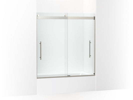 KOHLER K-702419-L-BNK Levity Plus Frameless Sliding Bath Door, 61-9/16" H X 56-5/8 - 59-5/8" W, With 5/16"-Thick Crystal Clear Glass In Anodized Brushed Nickel