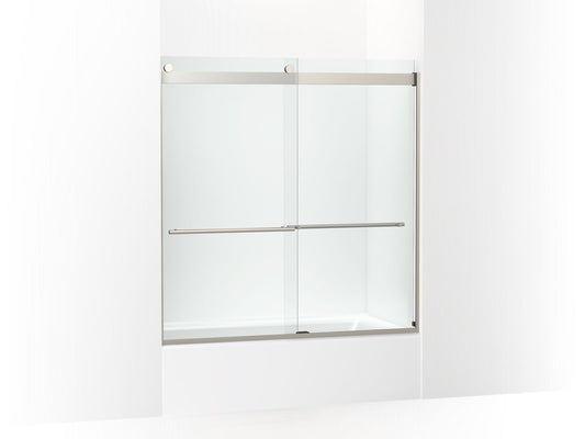 KOHLER K-702420-L-BNK Levity Plus Frameless Sliding Bath Door, 61-9/16" H X 56-5/8 - 59-5/8" W, With 5/16"-Thick Crystal Clear Glass In Anodized Brushed Nickel