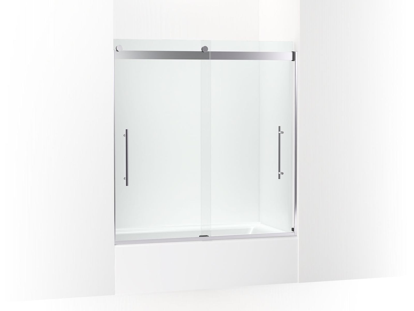 KOHLER K-702425-L-SHP Levity Plus Frameless Sliding Bath Door, 61-9/16" H X 56-5/8 - 59-5/8" W, With 3/8"-Thick Crystal Clear Glass In Bright Polished Silver