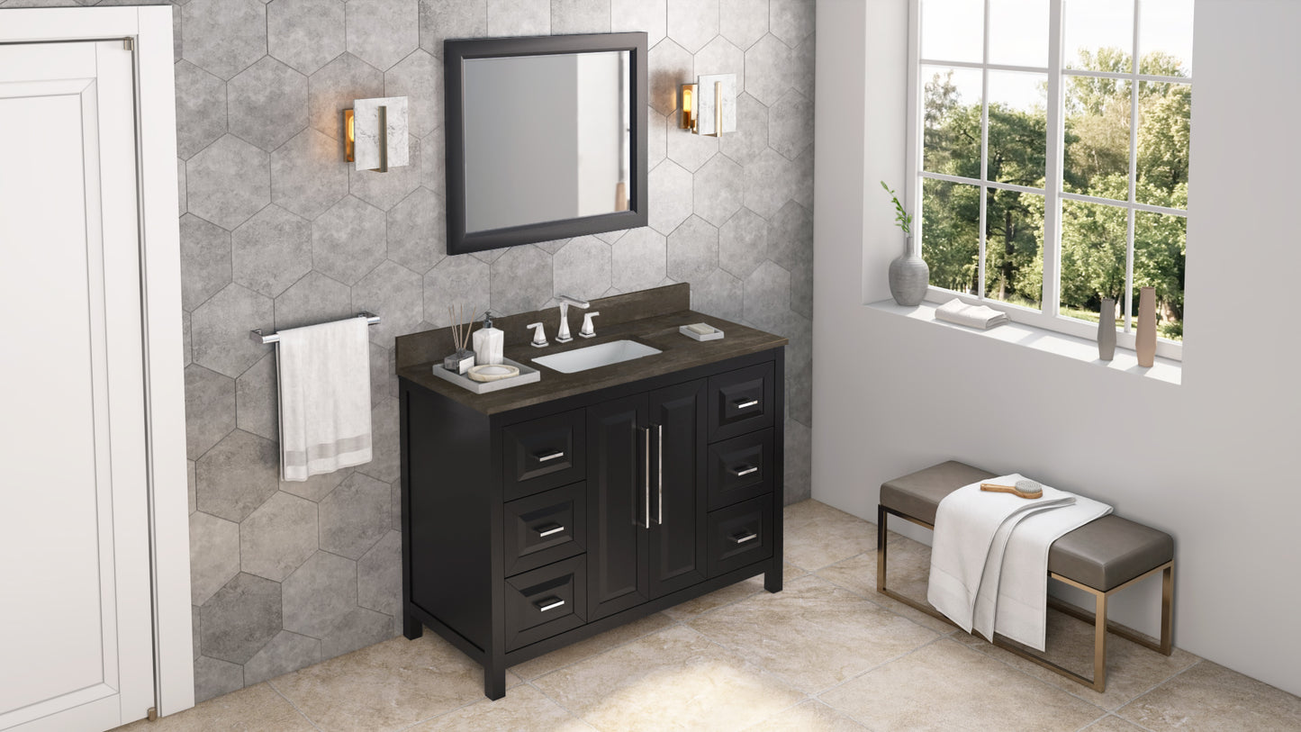 JEFFREY ALEXANDER VKITCAD48BKLSR 48" Black Cade Vanity, Blue Limestone Vanity Top, undermount rectangle bowl