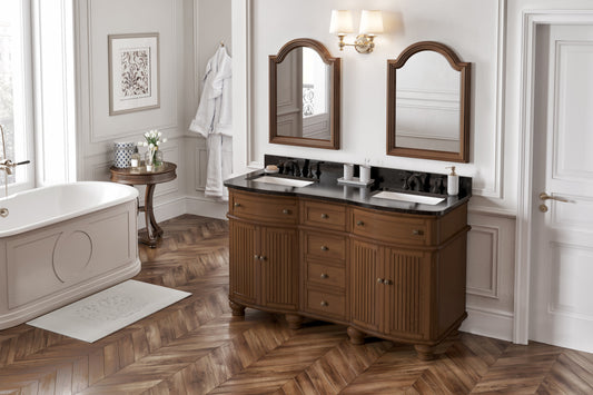 JEFFREY ALEXANDER VKITCOM60WABGR 60" Walnut Compton Vanity, double bowl, Compton-only Black Granite Vanity Top, two undermount rectangle bowls