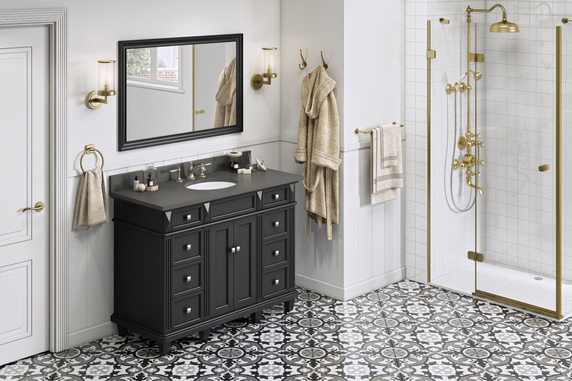 JEFFREY ALEXANDER VKITDOU48BKGQO 48" Black Douglas Vanity, Grey Quartz Vanity Top, undermount oval bowl