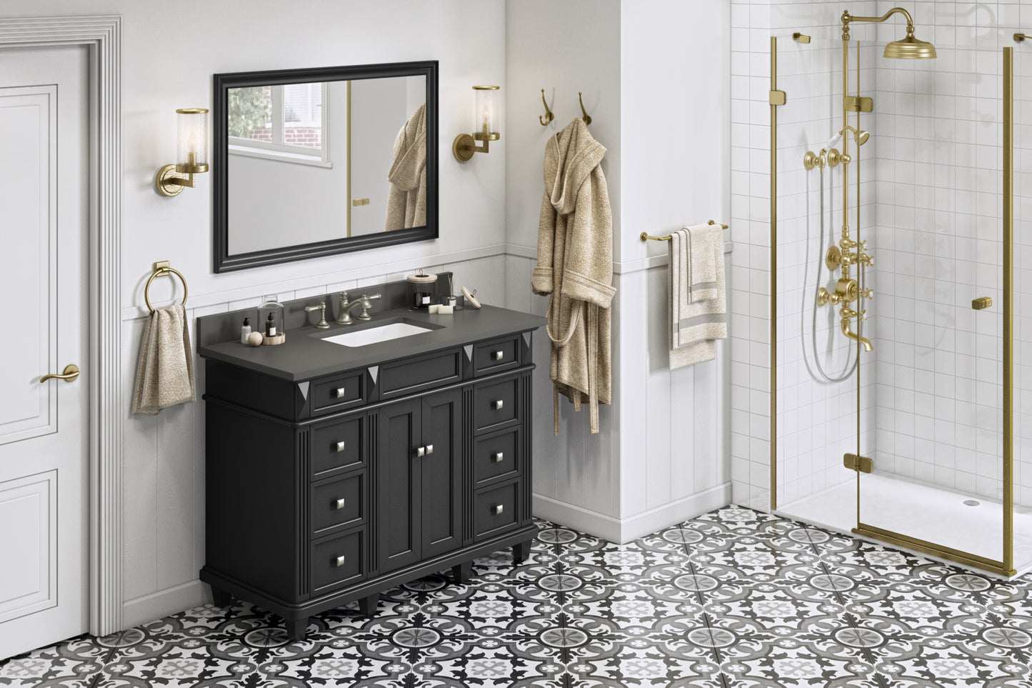 JEFFREY ALEXANDER VKITDOU48BKGQR 48" Black Douglas Vanity, Grey Quartz Vanity Top, undermount rectangle bowl