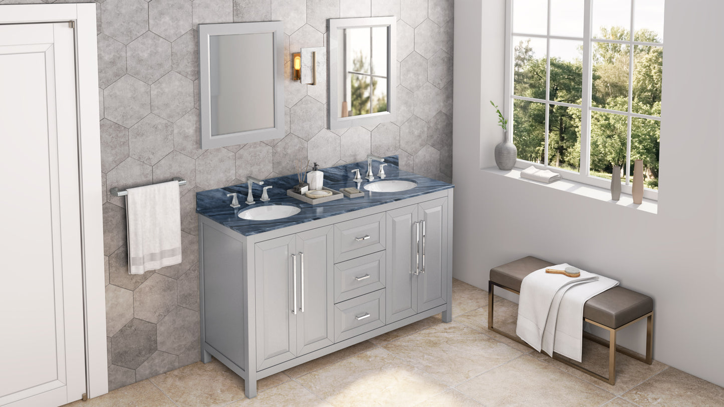 JEFFREY ALEXANDER VKITCAD60GRMGO 60" Grey Cade Vanity, double bowl, Grey Marble Vanity Top, undermount oval bowl