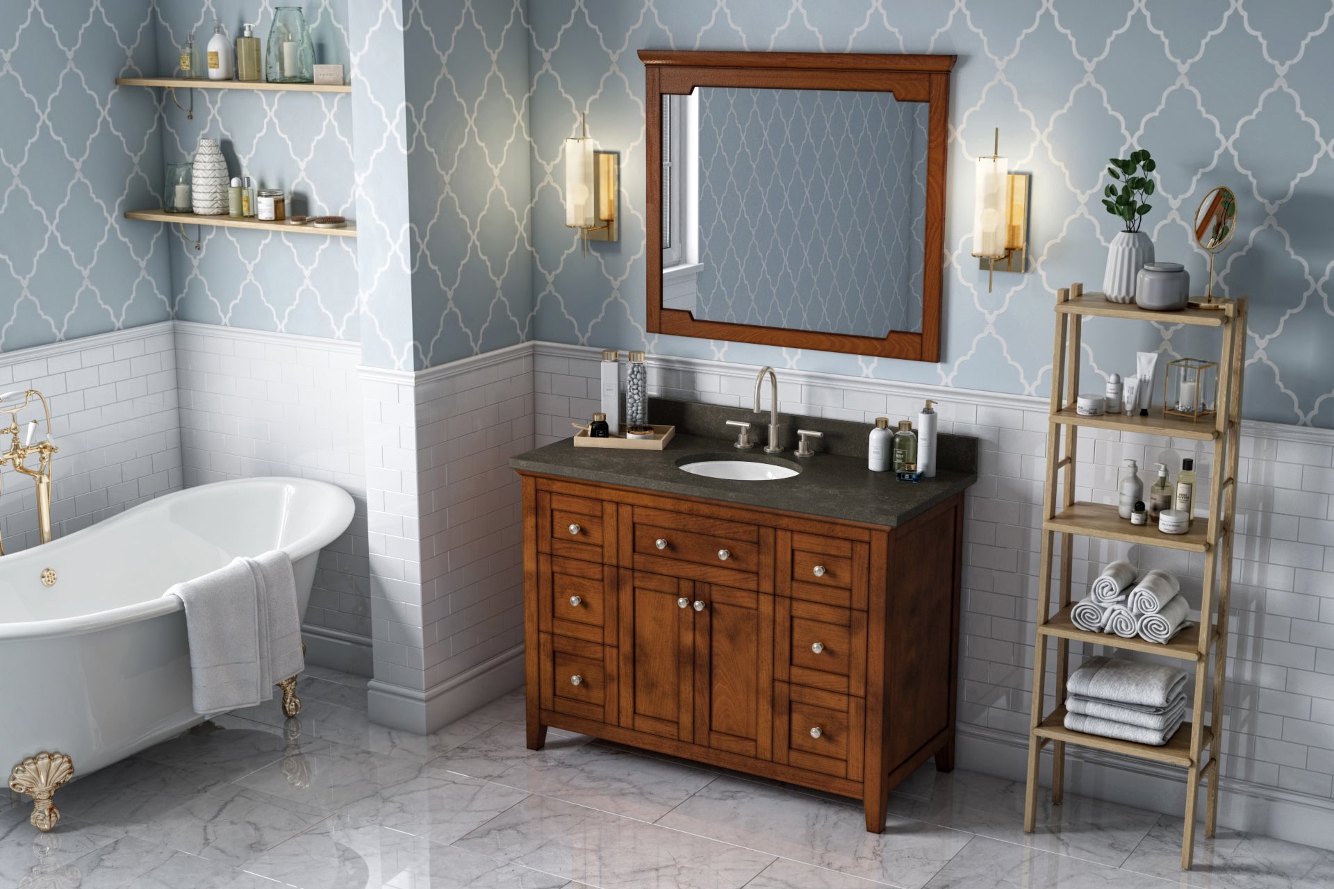 JEFFREY ALEXANDER VKITCHA48CHLSO 48" Chocolate Chatham Vanity, Blue Limestone Vanity Top, undermount oval bowl