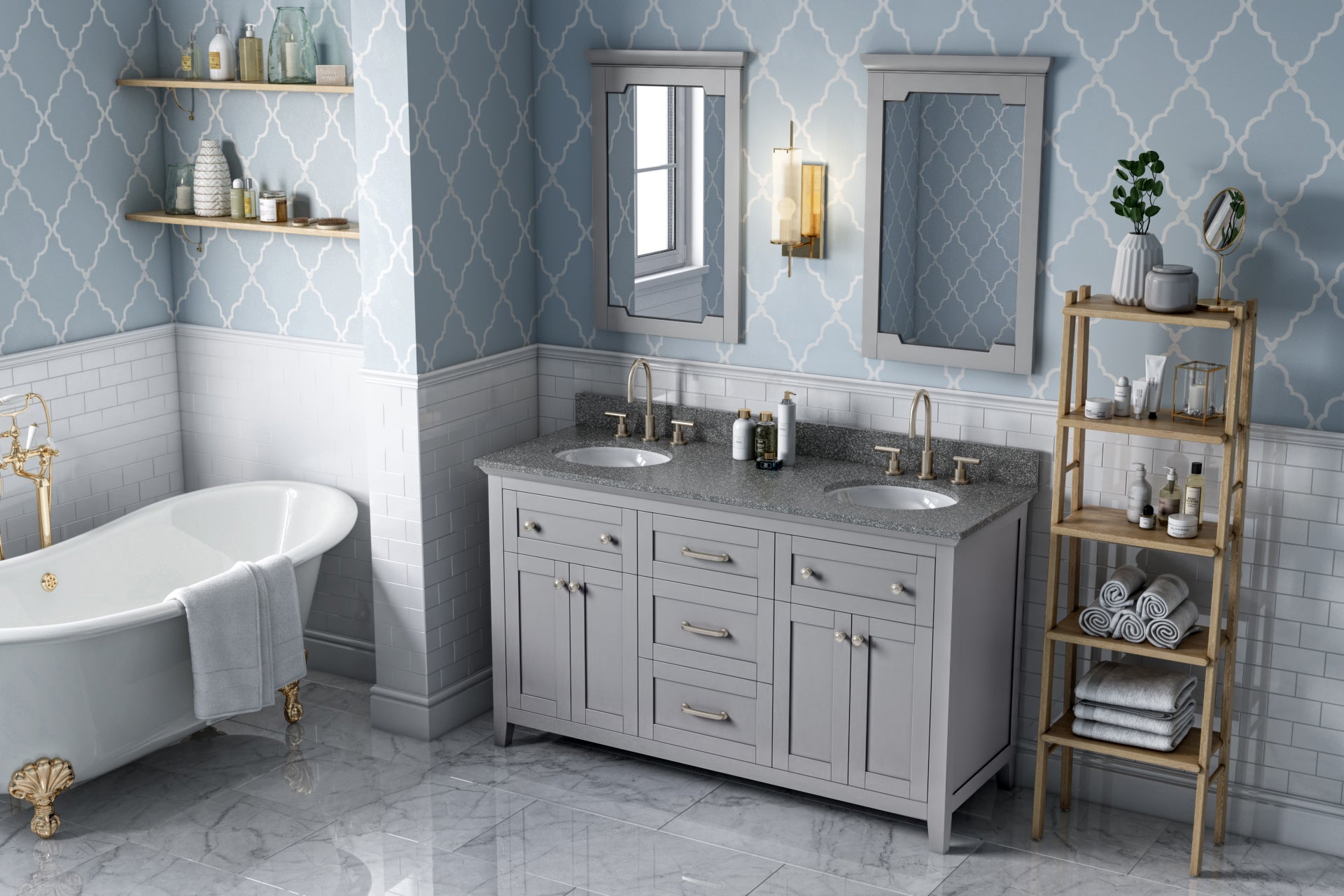 JEFFREY ALEXANDER VKITCHA60GRBOO 60" Grey Chatham Vanity, double bowl, Boulder Cultured Marble Vanity Top, two undermount oval bowls