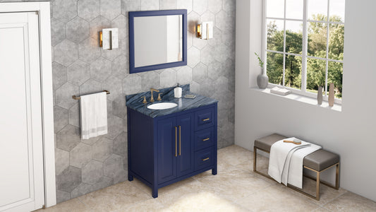 JEFFREY ALEXANDER VKITCAD36BLMGO 36" Hale Blue Cade Vanity, left offset, Grey Marble Vanity Top, undermount oval bowl