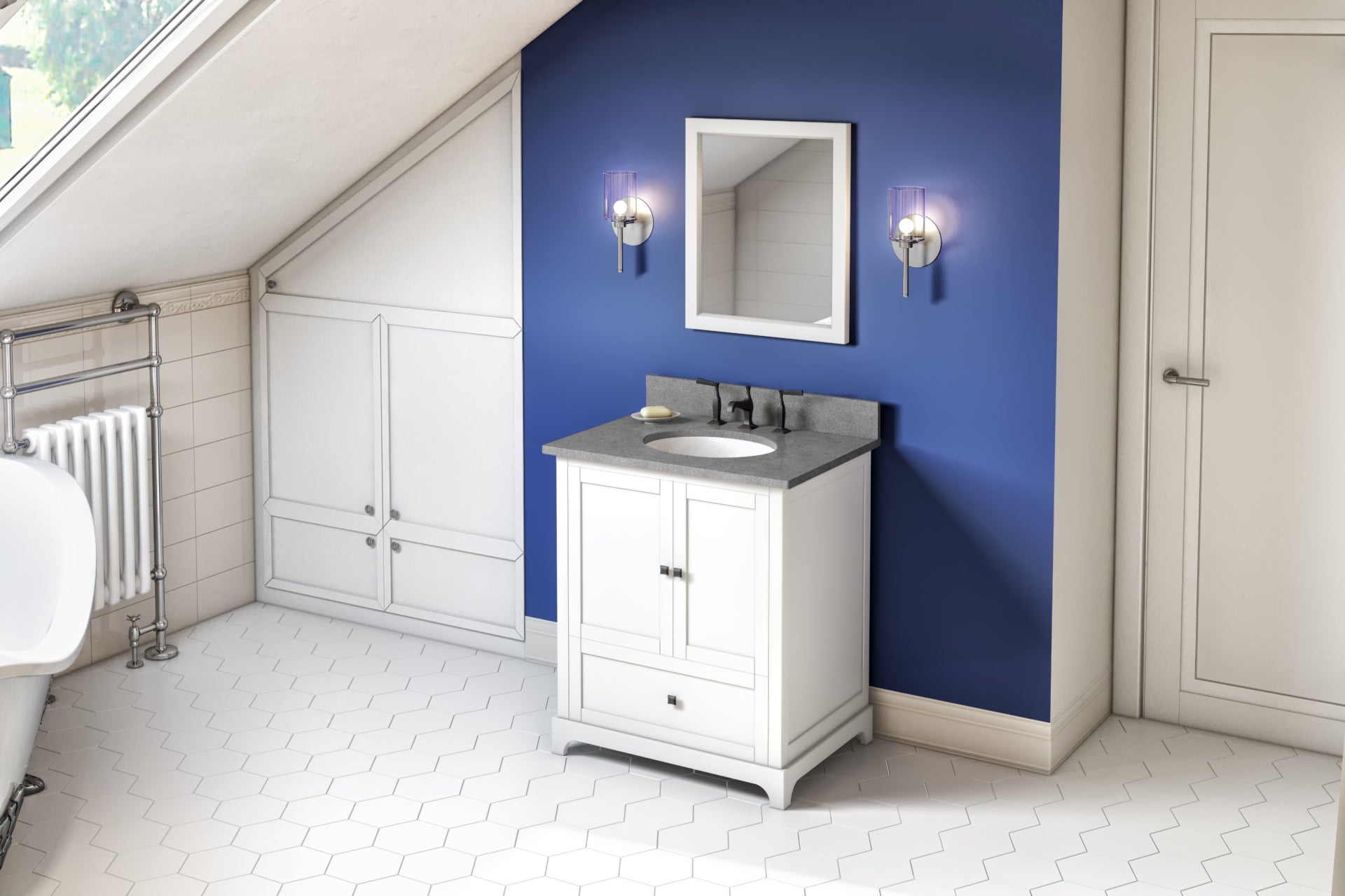 JEFFREY ALEXANDER VKITADD30WHSGO 30" White Addington Vanity, Steel Grey Cultured Marble Vanity Top, undermount oval bowl