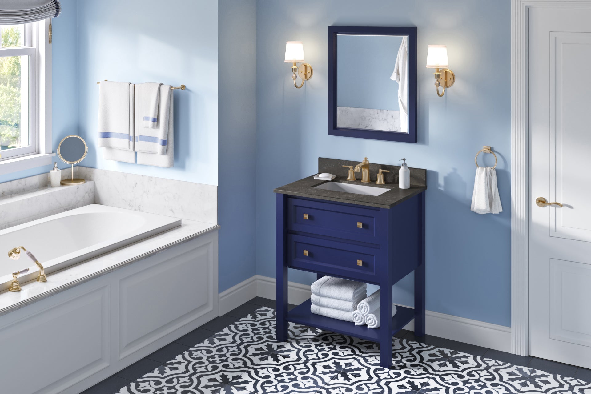 JEFFREY ALEXANDER VKITADL30BLLSR 30" Hale Blue Adler Vanity, Blue Limestone Vanity Top, undermount rectangle bowl