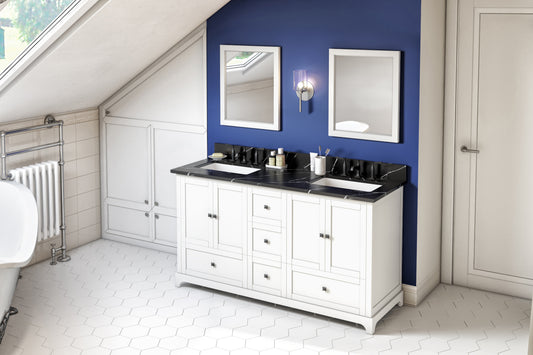 JEFFREY ALEXANDER VKITADD60WHBQR 60" White Addington Vanity, double bowl, Calacatta Black Quartz Vanity Top, two undermount rectangle bowls