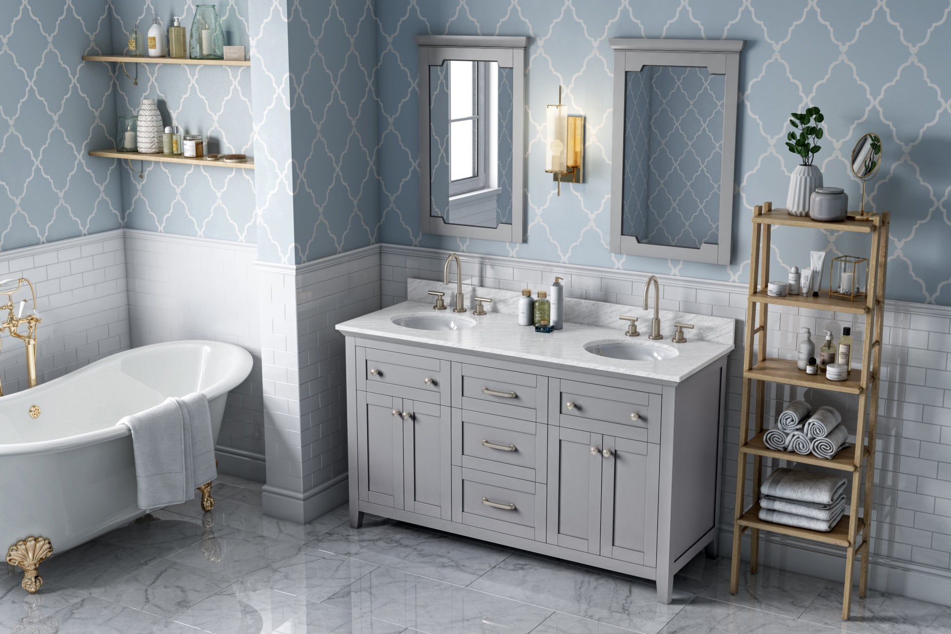 JEFFREY ALEXANDER VKITCHA60GRWCO 60" Grey Chatham Vanity, double bowl, White Carrara Marble Vanity Top, two undermount oval bowls