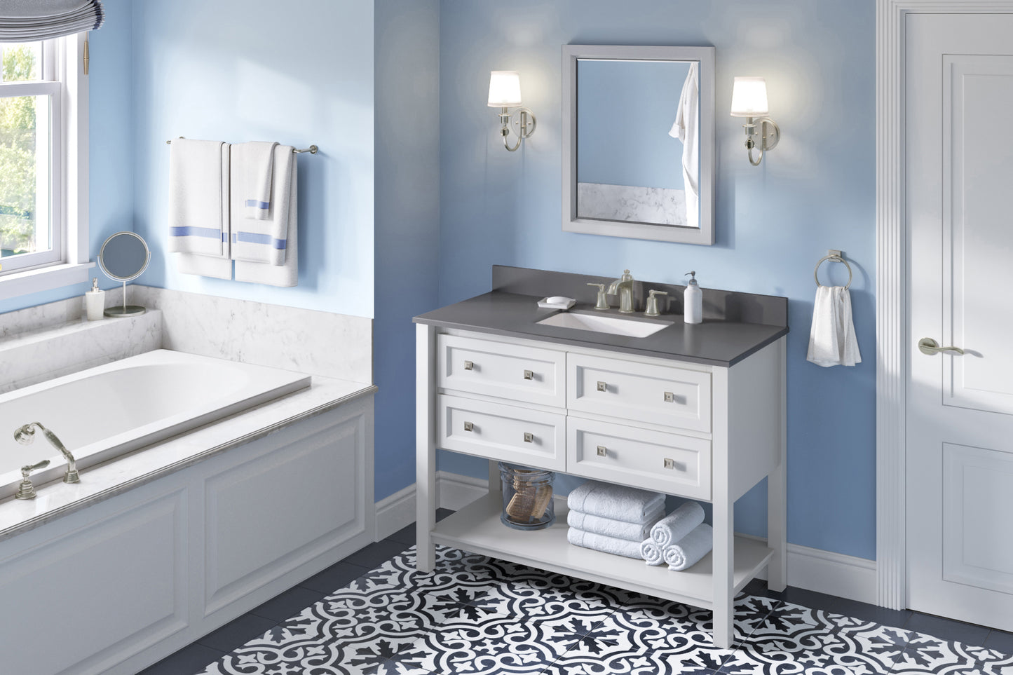 JEFFREY ALEXANDER VKITADL48WHGQR 48" White Adler Vanity, Grey Quartz Vanity Top, undermount rectangle bowl