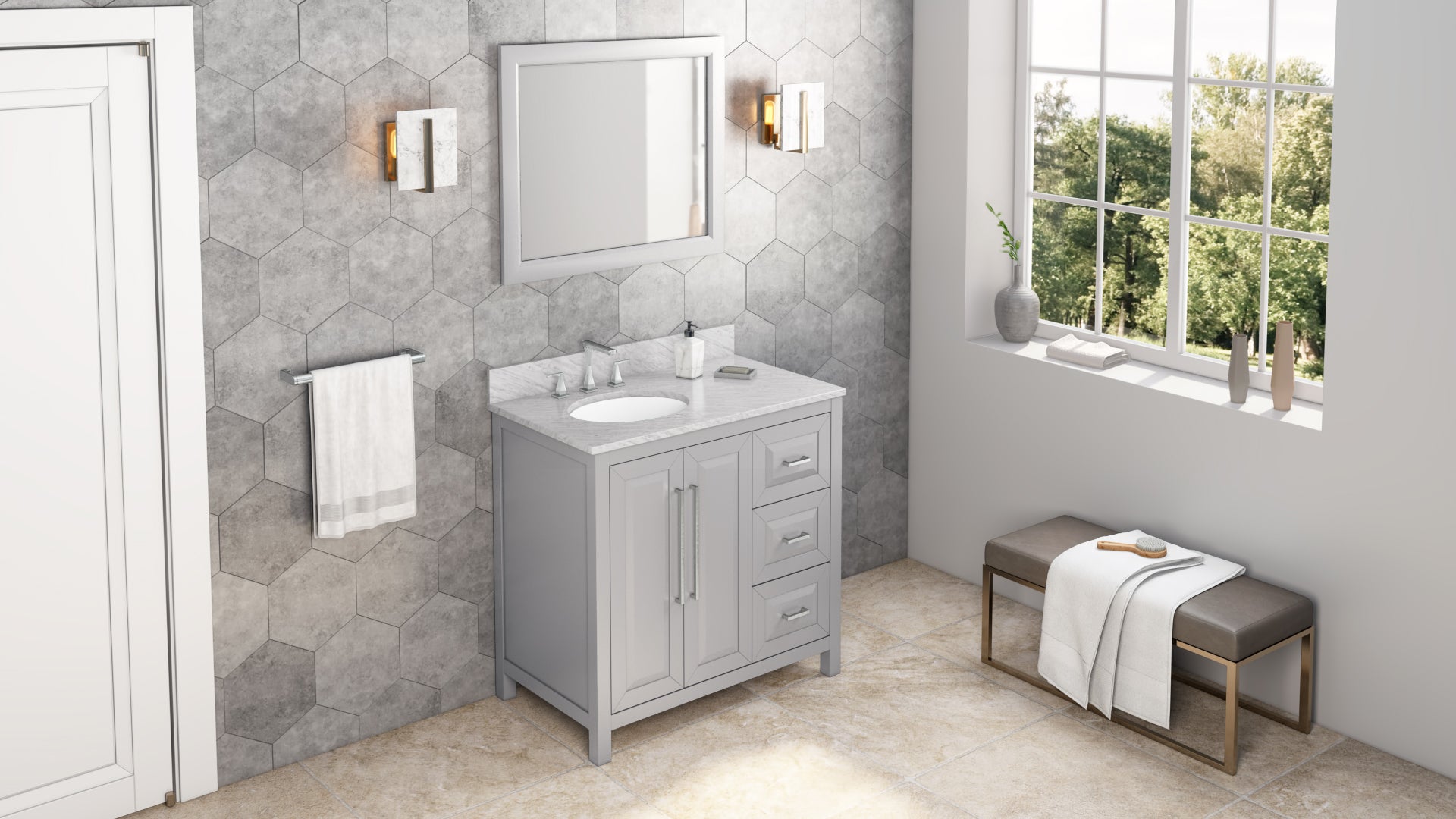 JEFFREY ALEXANDER VKITCAD36GRWCO 36" Grey Cade Vanity, left offset, White Carrara Marble Vanity Top, undermount oval bowl