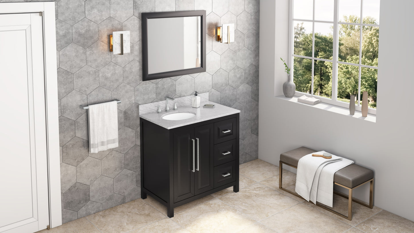 JEFFREY ALEXANDER VKITCAD36BKWCO 36" Black Cade Vanity, left offset, White Carrara Marble Vanity Top, undermount oval bowl